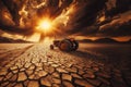 Cracked arid soil, global warming heat wave, rusty tractor, dead animal bones, drought, pollution Royalty Free Stock Photo