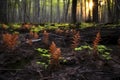 scorched forest floor with new ferns emerging Royalty Free Stock Photo