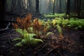 scorched forest floor with new ferns emerging Royalty Free Stock Photo