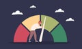 Score control. Man push performance gauge, credit rating level customer feedback meter client review excellent good