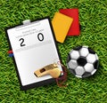 Scoreboard, soccer ball and whistle on green grass Vector illustrations