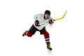 Young male hockey player with the stick on ice court and white background Royalty Free Stock Photo