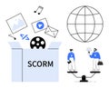 SCORM box with multimedia elements and professionals collaborating on balanced scales under a global network Royalty Free Stock Photo