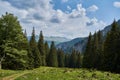 Scorota sheepfold in Retezat mountain with peak forest blue sky Royalty Free Stock Photo