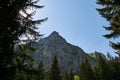 Scorota sheepfold in Retezat mountain with peak forest blue sky Royalty Free Stock Photo