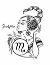 The Scorpio astrological sign as a beautiful girl. Horoscope. Astrology. Coloring. Vector Royalty Free Stock Photo