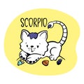 Scorpio Astrological Zodiac sign with cute cat character. Cat zodiac icon. Baby shower or birthday greeting card Royalty Free Stock Photo