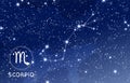 Scorpio constellation in blue night sky, zodiac sign, modern astrological background for horoscope, astronomy map