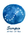 Scorpio constellation icon of zodiac sign Scorpio in cosmic stars space. Blue starry night sky inside circle background. Royalty Free Stock Photo