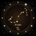 Scorpio, constellation of the zodiac sign in the cosmic magic circle. Golden design on a dark background. Royalty Free Stock Photo