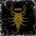 Scorpio. Ornate vintage golden Zodiac sign on grunge background.