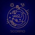 Scorpio vector signs of the zodiac in circles of golden color on a blue background. Astrological forecast, horoscope for a single Royalty Free Stock Photo