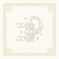 Scorpio zodiac antique line art deco symbol vintage card with decorative frame design vector