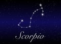 Scorpio zodiac constellations sign on beautiful starry sky with galaxy and space behind. Scorpio horoscope symbol constellation on Royalty Free Stock Photo