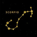 Scorpio zodiac horoscope sign, astrology simbol in golden shiny glittered style on black sky background. Royalty Free Stock Photo