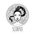 Scorpio zodiac sign artwork, adult coloring book page, beautiful horoscope symbol girl, vector illustration Royalty Free Stock Photo