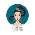 Scorpio zodiac sign artwork, beautiful girl face, horoscope symbol, star sign, vector illustration Royalty Free Stock Photo