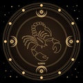 Scorpio zodiac sign, astrological horoscope sign in a mystical circle with moon, sun and stars. Golden design vector Royalty Free Stock Photo