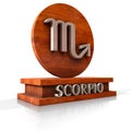 Scorpio zodiac sign. 3D illustration of the zodiac sign Scorpio made of stone on a wooden stand with the name of the sign at the b