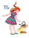 Scorpion girl, zodiac sign, watercolor illustration. Royalty Free Stock Photo