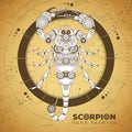 Scorpion silhouette with gears on old paper texture background. Punk style.