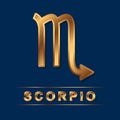 Scorpion zodiac golden vector sign with gold letters on the dark blue background. Vector horoscope scorpio symbol for design. Royalty Free Stock Photo
