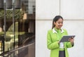 Scort woman with tablet and mobile phone smiling