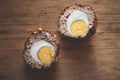 Scotch Egg Cut in Half On Wooden Background Royalty Free Stock Photo