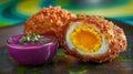 Scotch egg with sauce on a plate. Royalty Free Stock Photo