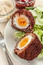 Scotch eggs cut in halves on a plate