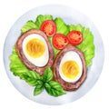 Scotch Eggs Served with tomato on white plate Royalty Free Stock Photo