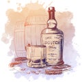 Scotch whiskey bottle, glass and casks with some barley ears and grains. Sketch style drawing isolated on watercolor Royalty Free Stock Photo