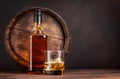 Scotch whiskey bottle, glass and old barrel Royalty Free Stock Photo