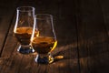 Scotch Whiskey without ice in glass, rustic wood background, copy space