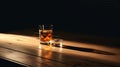 Scotch Whiskey On Wooden Table - Stock Photo With Luminous Shadows