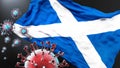 Scotland and the covid pandemic - corona virus attacking national flag of Scotland to symbolize the fight, struggle and the virus