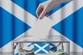 Scotland flag, hand dropping ballot card into a box - voting/ election concept