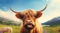 Scotland Highland Cow Grazing on a Lush Green Field. Generative ai