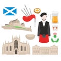 Scotland landmark. St Giles Cathedral and Edinburgh Castle. scottish food, bagpiper in kilt, flag and thistle