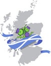 Scotland map with scottish flag and thistle flowers