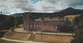 Scotland`s Brodick Castle aerial front shot: heritage of Scottish. Historical landmark of Arran Isle