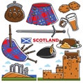 Scotland UK travel tourism landmarks and famous tourist attractions vector icons Royalty Free Stock Photo