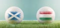 Scotland vs Hungary football match infographic template for Euro 2024 matchday scoreline announcement. Two soccer balls with
