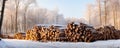 Scots pine and spruce, oak trees. Pile of logs, lumbering industry. generative ai