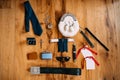 Scotsman sporran`s accessories, pocket watch on a chain, tie, cufflinks, cross, belt, knife, flask, glasses, wallet on a Royalty Free Stock Photo