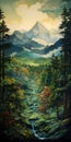 Nature-inspired Art Nouveau Painting: Mountains, Forest, And Stream