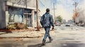 Scott Walking On The Sidewalk - Watercolor Painting