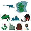 Scottish attractions. Scotland country icon in set collection on cartoon style vector