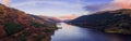 Scottish beautiful colorful sunset landscape with Loch Voil, mountains and forest at Loch Lomond & The Trossachs National Park Royalty Free Stock Photo