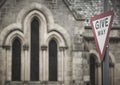 Scottish cathedral detail with traffic signal